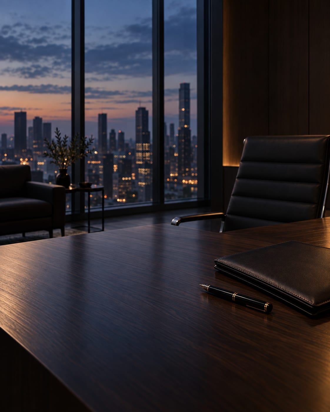 Escritório executivo com vista noturna da cidade